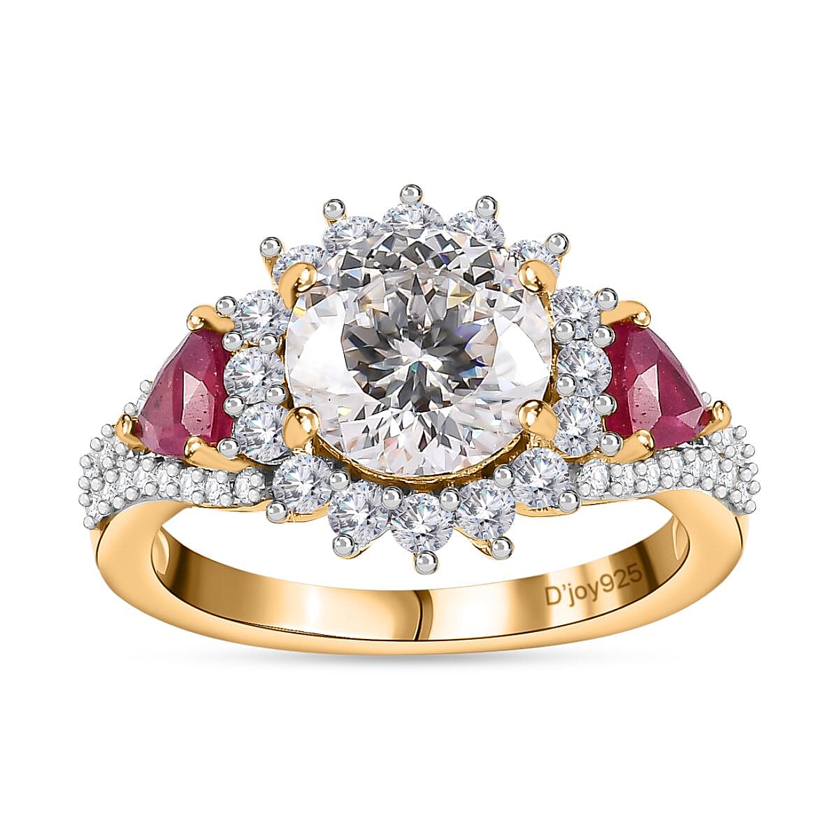 120 Facet Moissanite (Rnd 8mm), Niassa Ruby (FF) Stud Earrings, Ring (Size 6.0) and Pendant Necklace (20 Inches) in Vermeil YG Over Sterling Silver 8.20 ctw