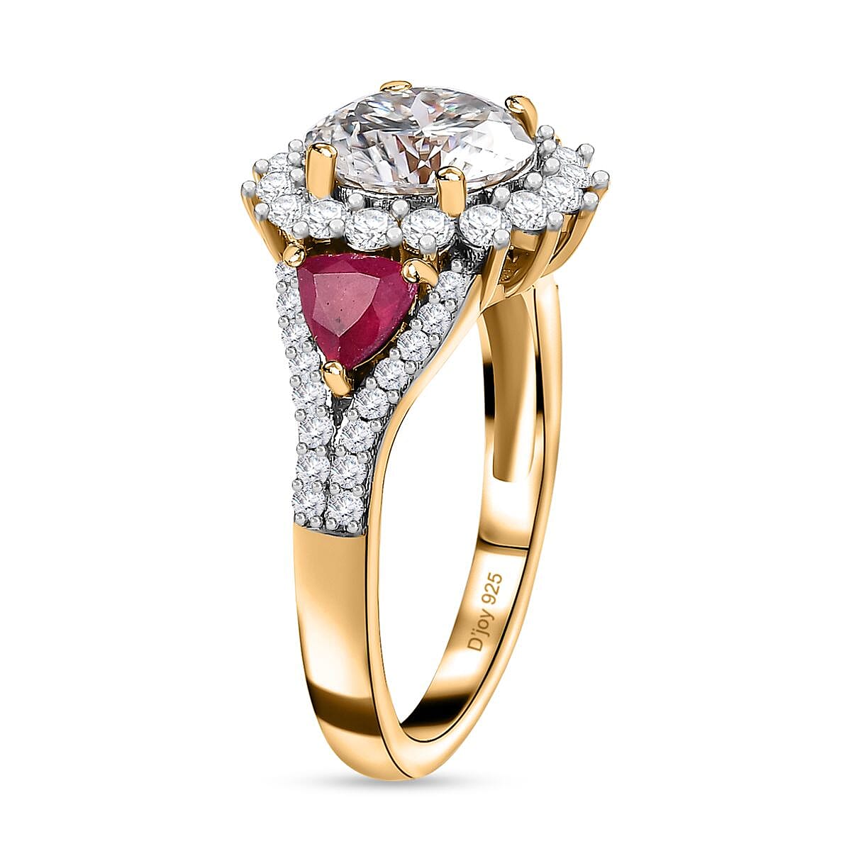 120 Facet Moissanite (Rnd 8mm), Niassa Ruby (FF) Stud Earrings, Ring (Size 6.0) and Pendant Necklace (20 Inches) in Vermeil YG Over Sterling Silver 8.20 ctw
