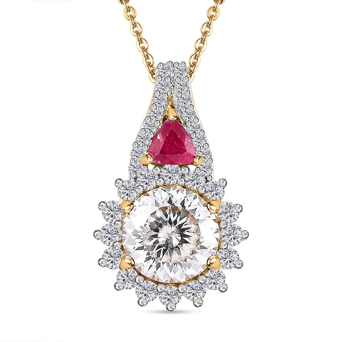 120 Facet Moissanite (Rnd 8mm), Niassa Ruby (FF) Stud Earrings, Ring (Size 6.0) and Pendant Necklace (20 Inches) in Vermeil YG Over Sterling Silver 8.20 ctw