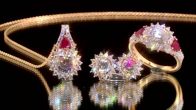 120 Facet Moissanite (Rnd 8mm), Niassa Ruby (FF) Stud Earrings, Ring (Size 6.0) and Pendant Necklace (20 Inches) in Vermeil YG Over Sterling Silver 8.20 ctw