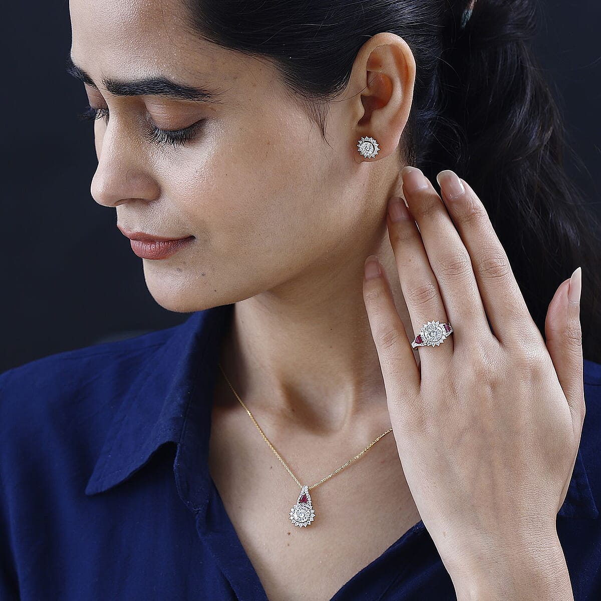 120 Facet Moissanite and Niassa Ruby (FF) Stud Earrings, Ring (Size 8.0) and Pendant Necklace 20 Inches in Vermeil Yellow Gold Over Sterling Silver 8.20 ctw image number 2