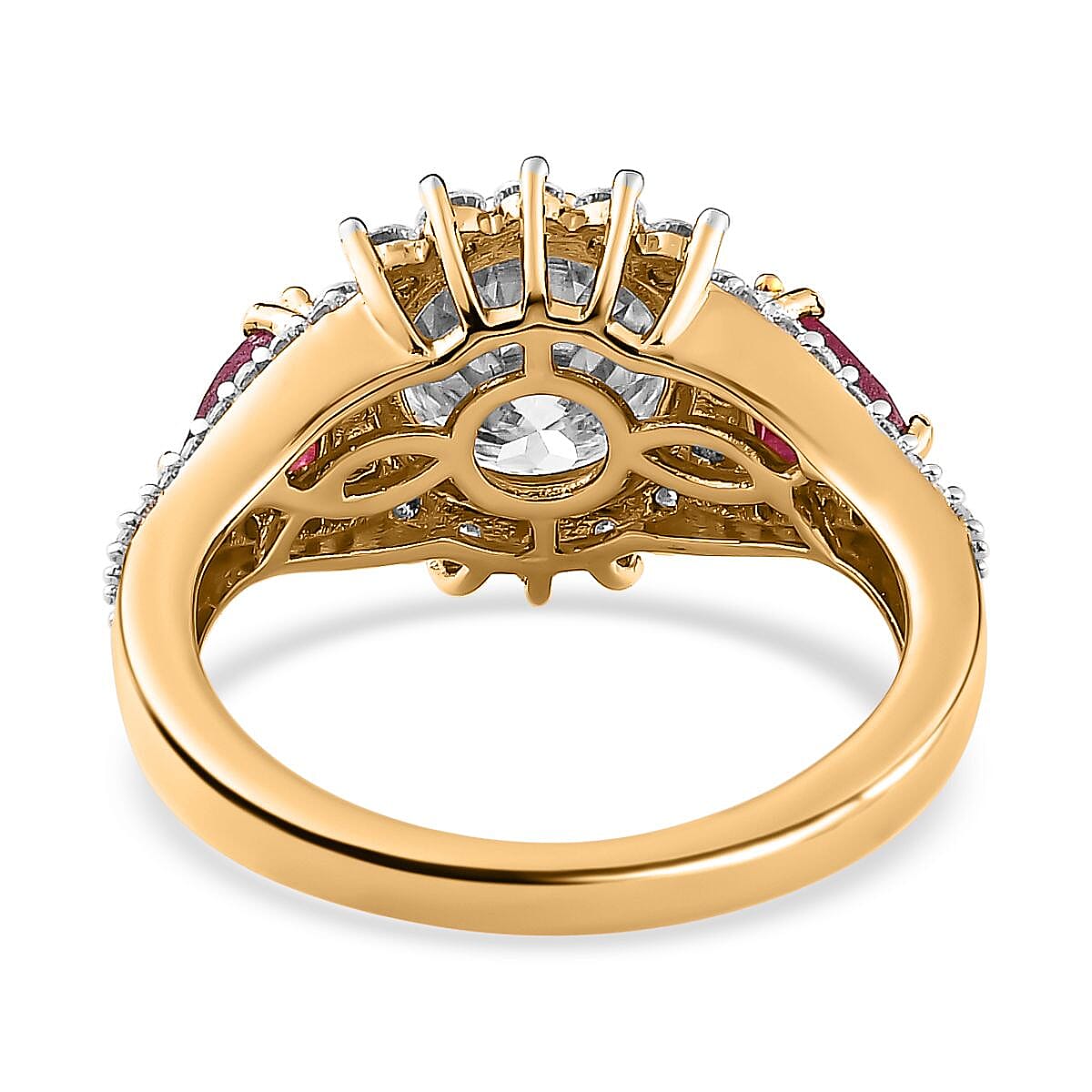 120 Facet Moissanite and Niassa Ruby (FF) Stud Earrings, Ring (Size 8.0) and Pendant Necklace 20 Inches in Vermeil Yellow Gold Over Sterling Silver 8.20 ctw image number 5