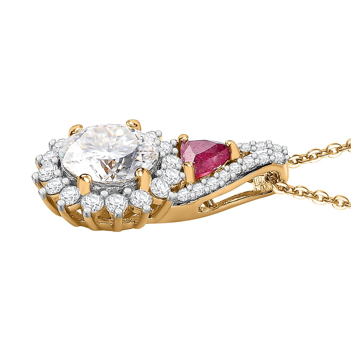 120 Facet Moissanite and Niassa Ruby (FF) Stud Earrings, Ring (Size 8.0) and Pendant Necklace 20 Inches in Vermeil Yellow Gold Over Sterling Silver 8.20 ctw image number 7