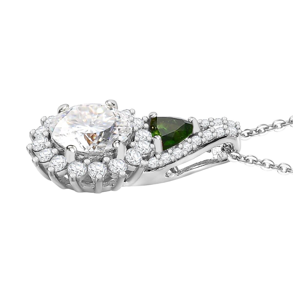 120 Facet Moissanite and Chrome Diopside Stud Earrings, Ring (Size 9.0) and Pendant Necklace 20 Inches in Platinum Over Sterling Silver 8.00 ctw image number 7