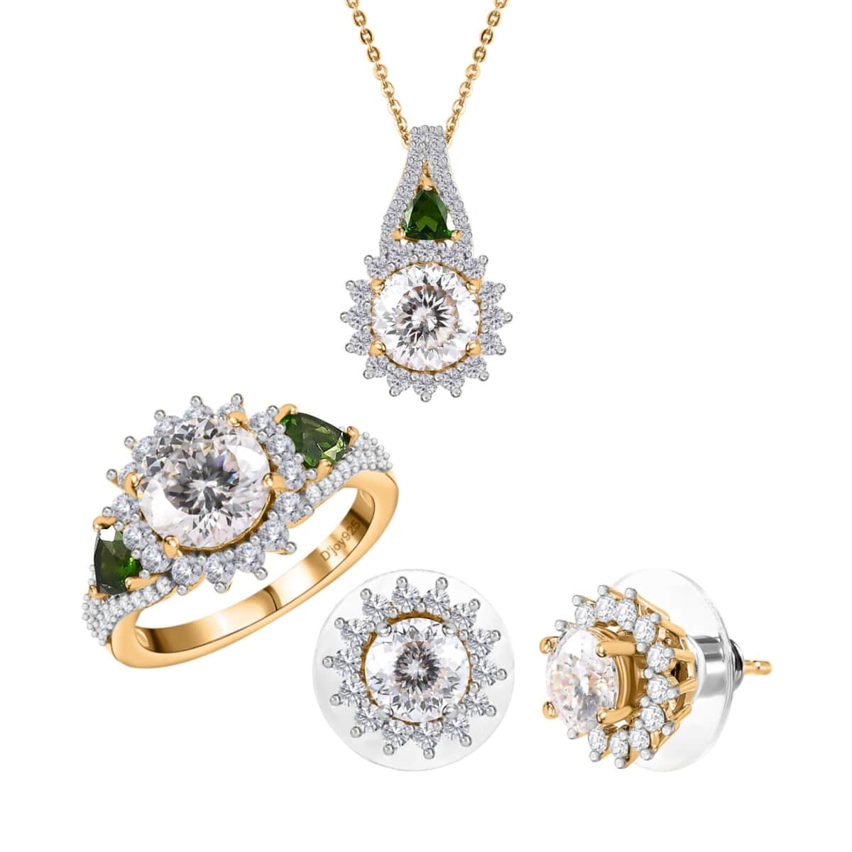 120 Facet Moissanite and Chrome Diopside Stud Earrings, Ring (Size 9.0) and Pendant Necklace 20 Inches in Vermeil Yellow Gold Over Sterling Silver 8.00 ctw image number 0