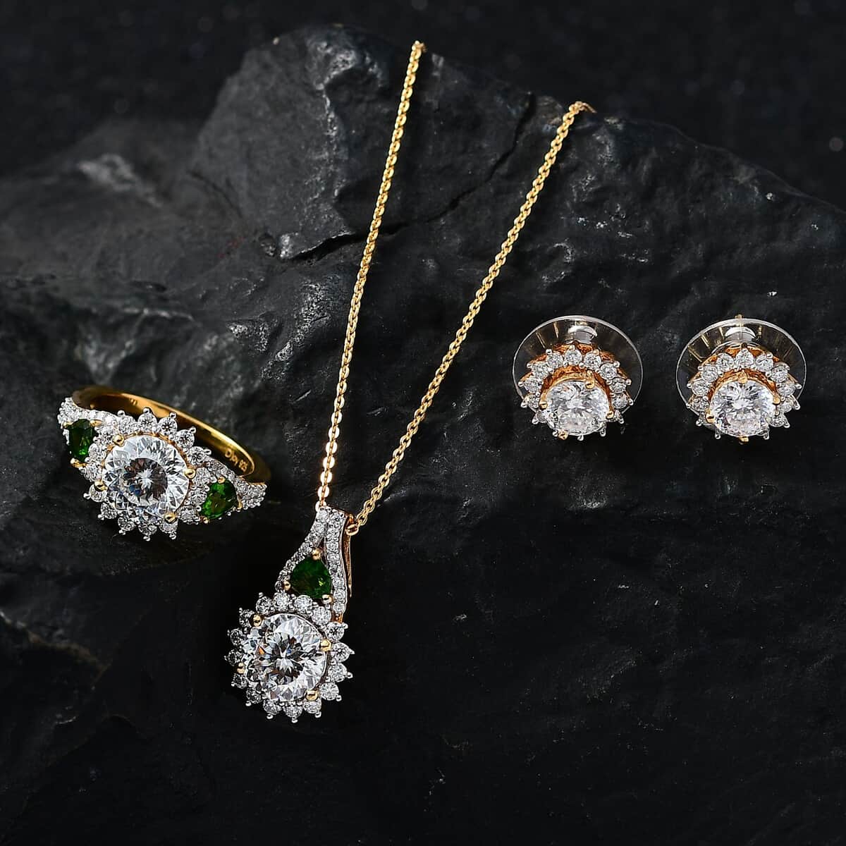 120 Facet Moissanite and Chrome Diopside Stud Earrings, Ring (Size 9.0) and Pendant Necklace 20 Inches in Vermeil Yellow Gold Over Sterling Silver 8.00 ctw image number 1