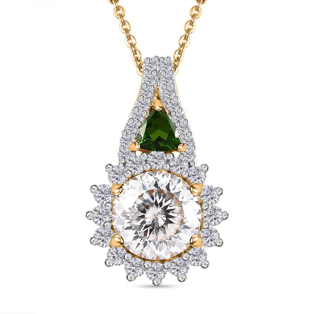 120 Facet Moissanite and Chrome Diopside Stud Earrings, Ring (Size 9.0) and Pendant Necklace 20 Inches in Vermeil Yellow Gold Over Sterling Silver 8.00 ctw image number 6
