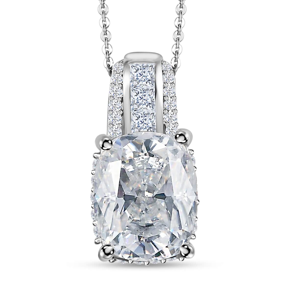 TLV Moissanite (Cush 10x8 mm) Pendant Necklace (20 Inches) in Platinum Over Sterling Silver 3.85 ctw image number 0