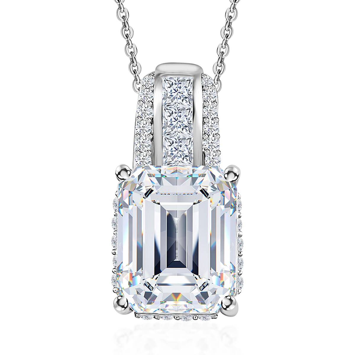 TLV Moissanite (Cush 10x8 mm) Pendant Necklace (20 Inches) in Platinum Over Sterling Silver 3.85 ctw