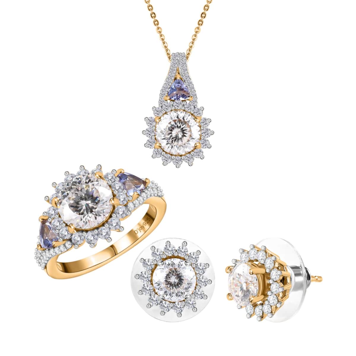 120 Facet Moissanite and Tanzanite Stud Earrings, Ring (Size 9.0) and Pendant Necklace 20 Inches in Vermeil Yellow Gold Over Sterling Silver 7.90 ctw image number 0
