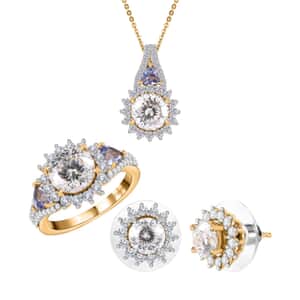 120 Facet Moissanite and Tanzanite Stud Earrings, Ring (Size 9.0) and Pendant Necklace 20 Inches in Vermeil Yellow Gold Over Sterling Silver 7.90 ctw