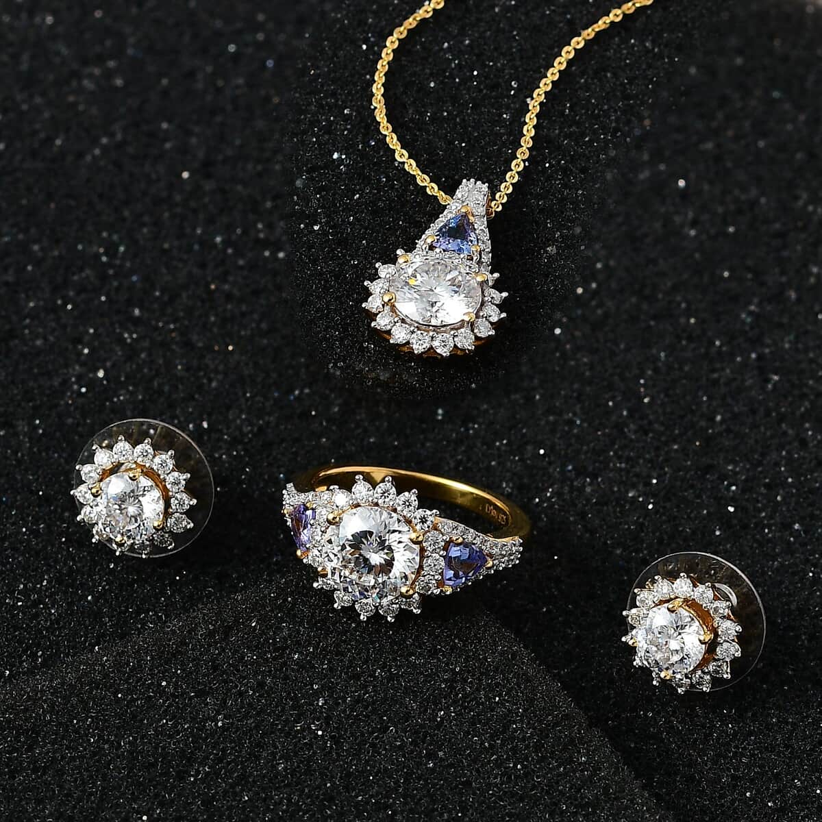 120 Facet Moissanite and Tanzanite Stud Earrings, Ring (Size 9.0) and Pendant Necklace 20 Inches in Vermeil Yellow Gold Over Sterling Silver 7.90 ctw image number 1