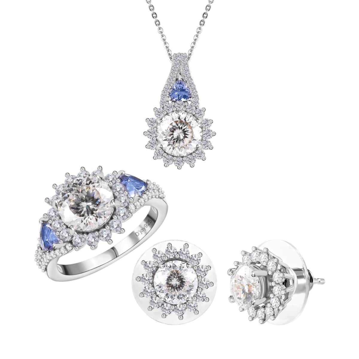 120 Facet Moissanite and Tanzanite Stud Earrings, Ring (Size 9.0) and Pendant Necklace 20 Inches in Platinum Over Sterling Silver 7.90 ctw image number 0