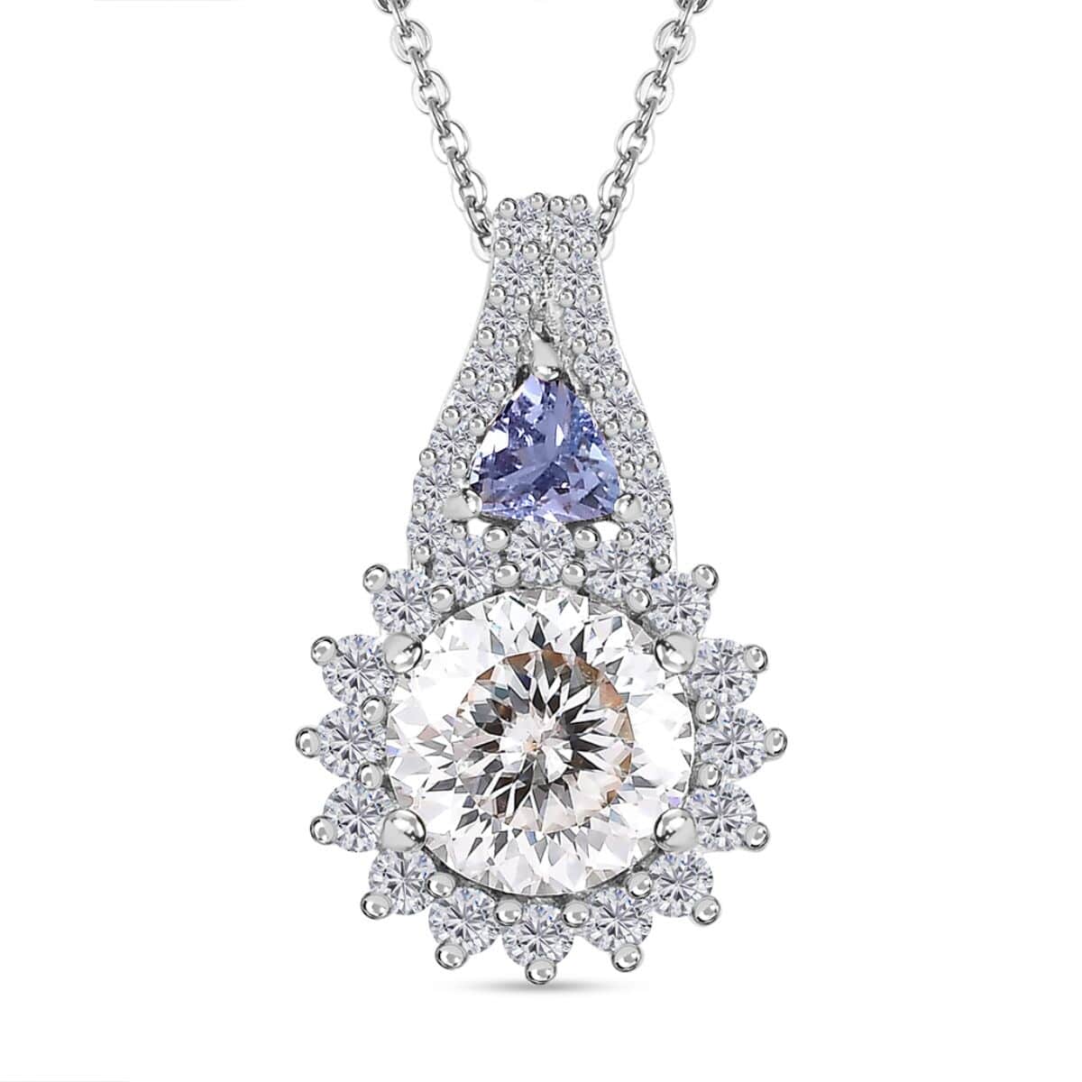 120 Facet Moissanite and Tanzanite Stud Earrings, Ring (Size 9.0) and Pendant Necklace 20 Inches in Platinum Over Sterling Silver 7.90 ctw image number 6