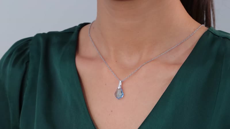 Aquamarine Color Crystal Pendant in Sterling Silver with Stainless Steel Necklace 20 Inches
