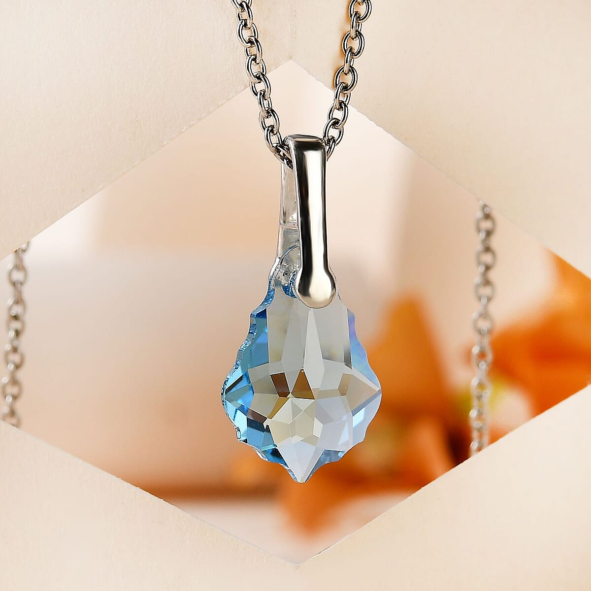 Aquamarine Color Crystal Pendant in Sterling Silver with Stainless Steel Necklace 20 Inches image number 1