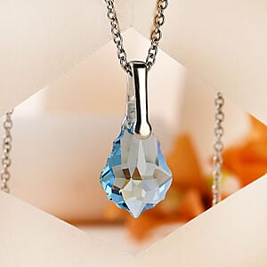 Aquamarine Color Crystal Pendant in Sterling Silver with Stainless Steel Necklace 20 Inches