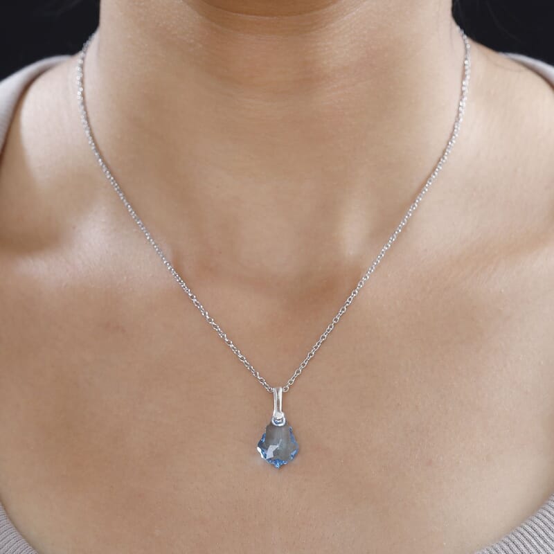 Aquamarine Color Crystal Pendant in Sterling Silver with Stainless Steel Necklace 20 Inches