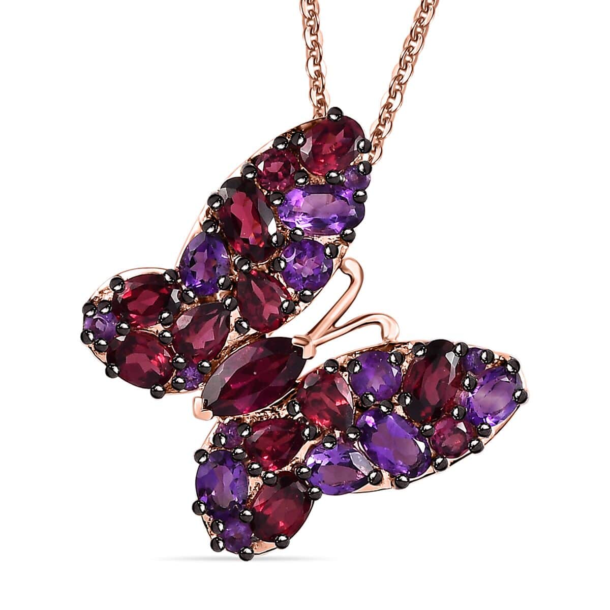 Orissa Rhodolite Garnet and Amethyst Butterfly Pendant Necklace 20 Inches in Vermeil Rose Gold Over Sterling Silver 4.35 ctw image number 0