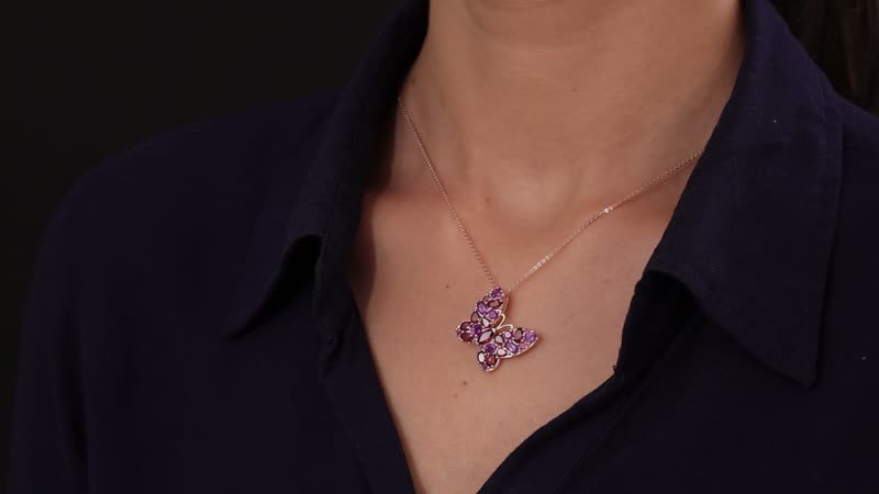 Orissa Rhodolite Garnet and Amethyst Butterfly Pendant Necklace 20 Inches in Vermeil Rose Gold Over Sterling Silver 4.35 ctw