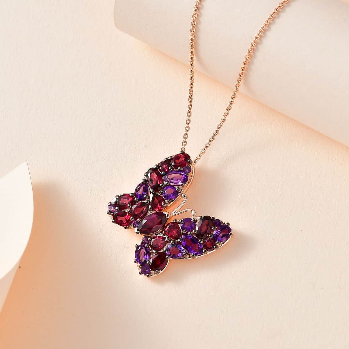 Orissa Rhodolite Garnet and Amethyst Butterfly Pendant Necklace 20 Inches in Vermeil Rose Gold Over Sterling Silver 4.35 ctw image number 1