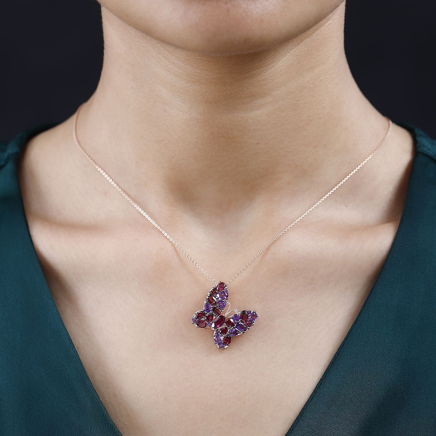 Orissa Rhodolite Garnet and Amethyst Butterfly Pendant Necklace 20 Inches in Vermeil Rose Gold Over Sterling Silver 4.35 ctw