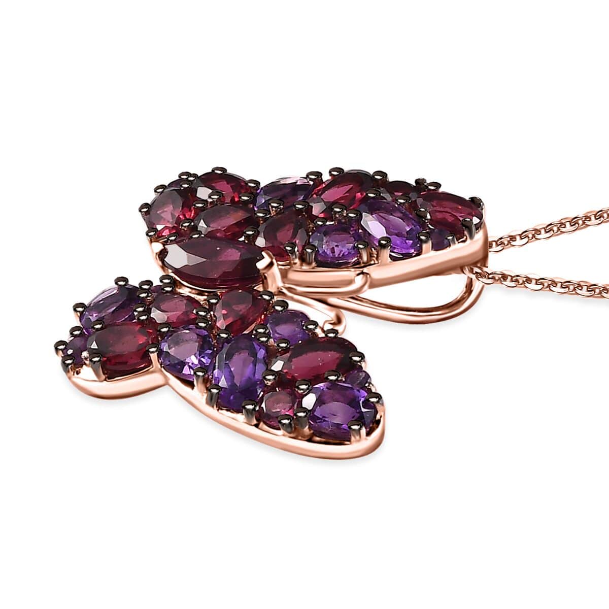 Orissa Rhodolite Garnet and Amethyst Butterfly Pendant Necklace 20 Inches in Vermeil Rose Gold Over Sterling Silver 4.35 ctw image number 3