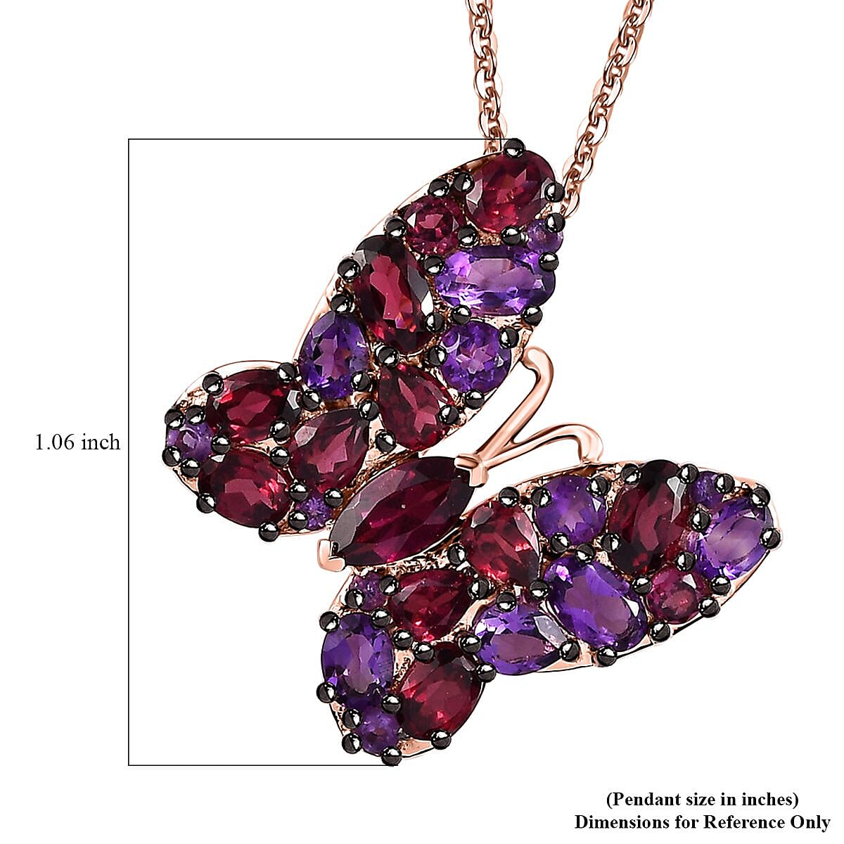 Orissa Rhodolite Garnet and Amethyst Butterfly Pendant Necklace 20 Inches in Vermeil Rose Gold Over Sterling Silver 4.35 ctw