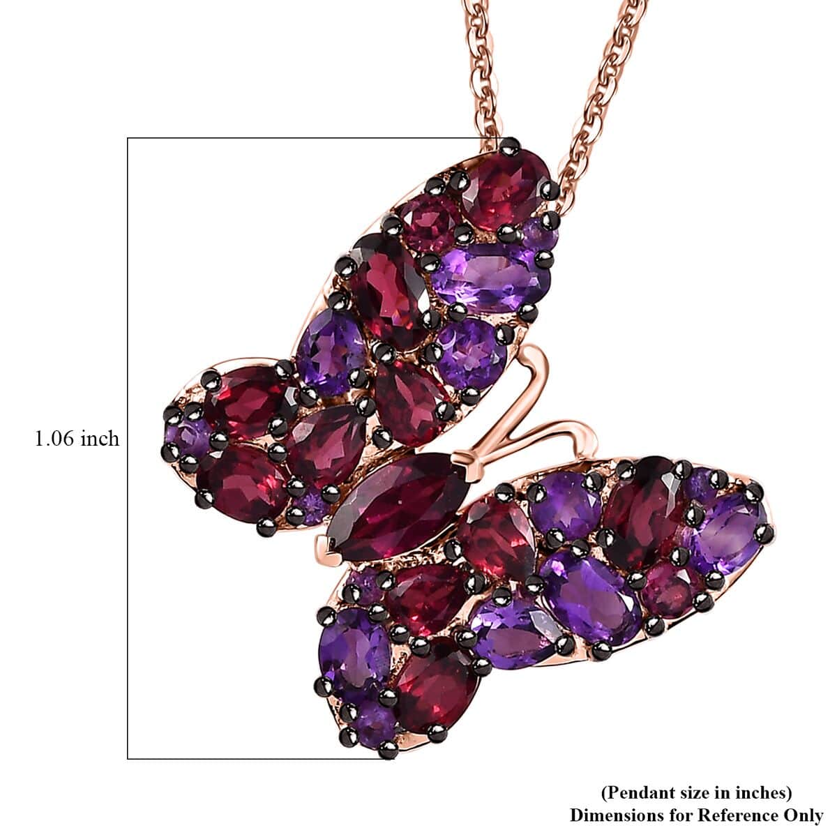 Orissa Rhodolite Garnet and Amethyst Butterfly Pendant Necklace 20 Inches in Vermeil Rose Gold Over Sterling Silver 4.35 ctw image number 6