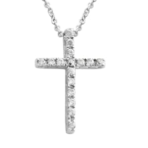 Simulated Diamond Cross Pendant Necklace 18 Inches in Silvertone 1.25 ctw