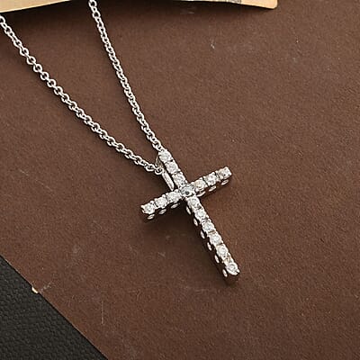 Simulated Diamond Cross Pendant Necklace 18 Inches in Silvertone 1.25 ctw