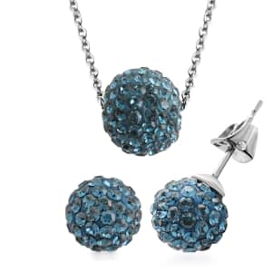 Blue Austrian Crystal Earrings and Necklace 18 Inches in Silvertone