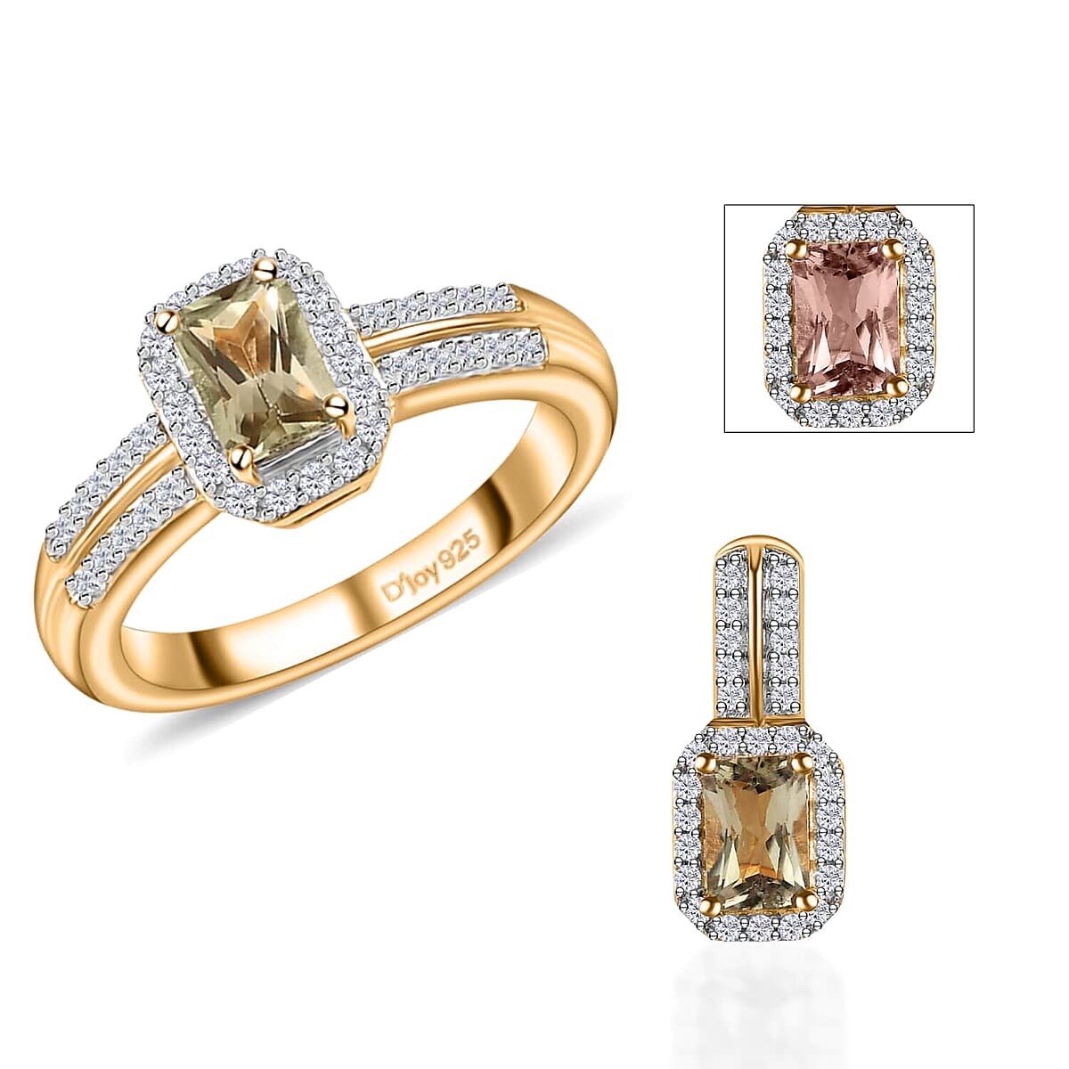 Turkizite and White Zircon Halo Ring (Size 7.0) and Pendant in Vermeil Yellow Gold Over Sterling Silver 1.90 ctw image number 0