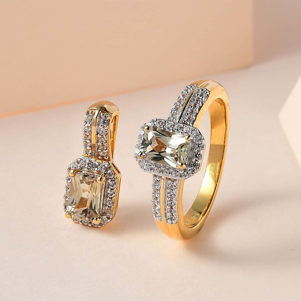 Turkizite and White Zircon Halo Ring (Size 7.0) and Pendant in Vermeil Yellow Gold Over Sterling Silver 1.90 ctw image number 1