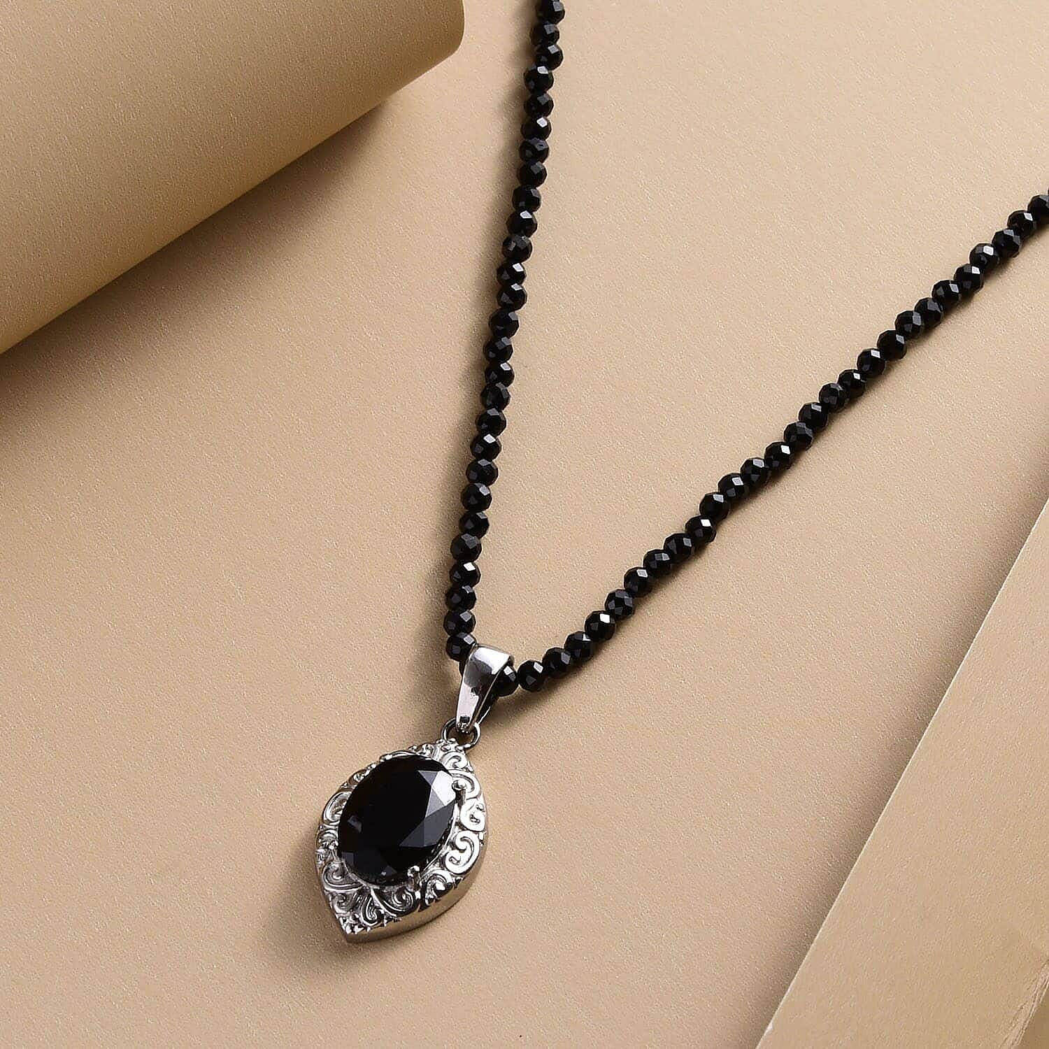 Australian Black Tourmaline Pendant With Quartzite Beaded Necklace 20 Inches in Stainless Steel 61.10 ctw