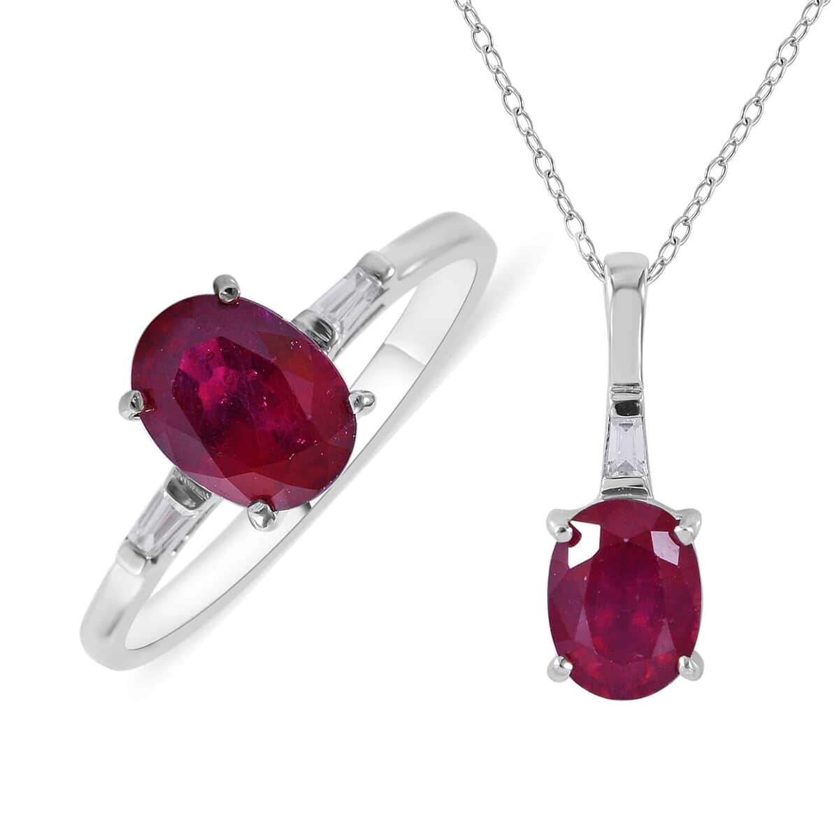 Premium Niassa Ruby (FF) and White Zircon Ring (Size 9) and Pendant Necklace 18 Inches in Platinum Over Sterling Silver 3.60 ctw image number 0