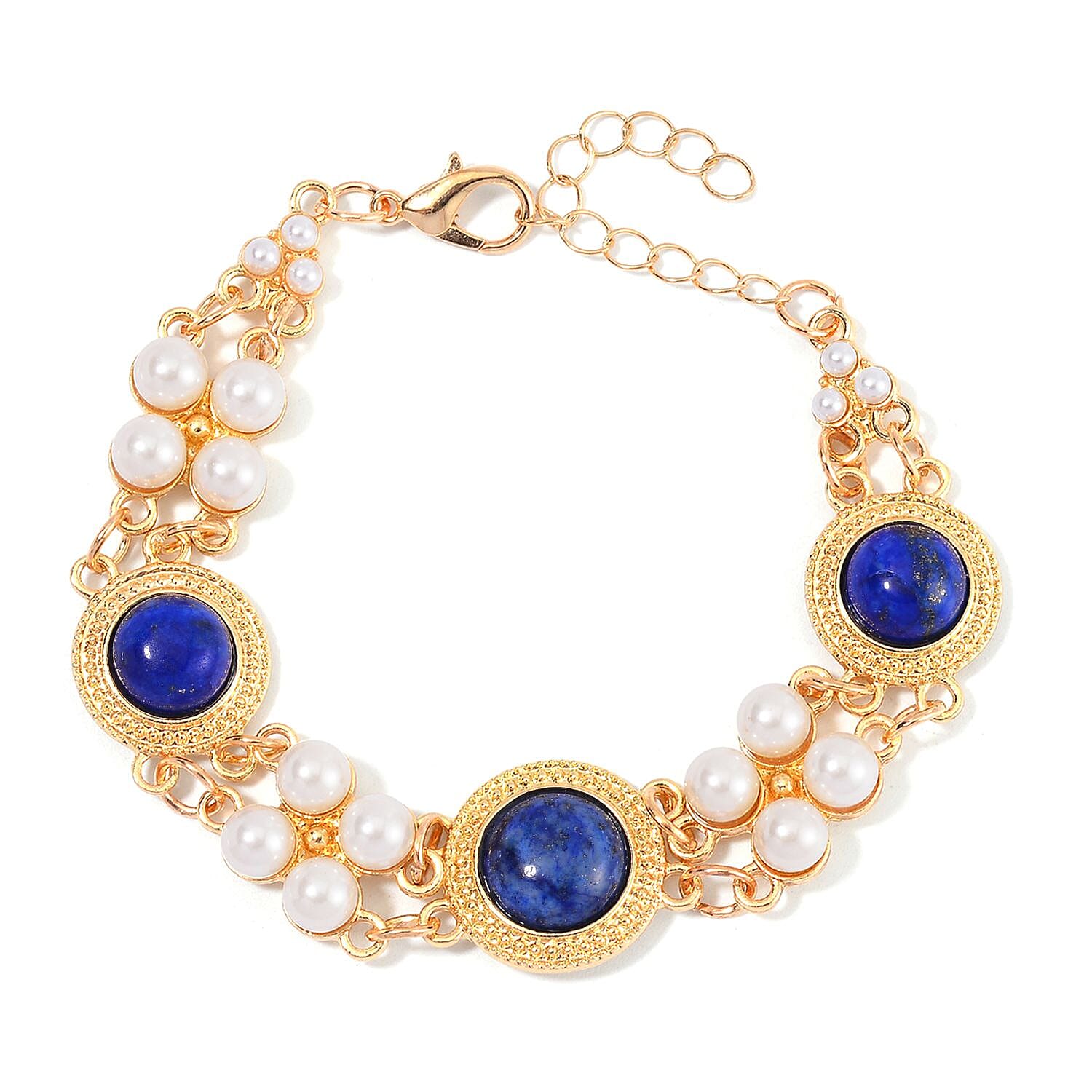 Lapis Lazuli and White Shell Pearl Bracelet (6.50-8.50In) and Earrings in Goldtone 24.50 ctw
