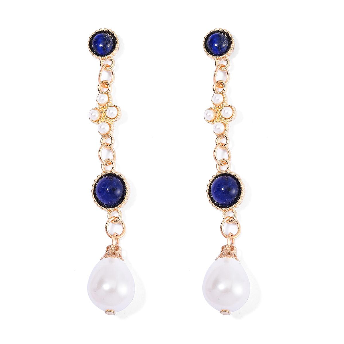 Lapis Lazuli and White Shell Pearl Bracelet (6.50-8.50In) and Earrings in Goldtone 24.50 ctw
