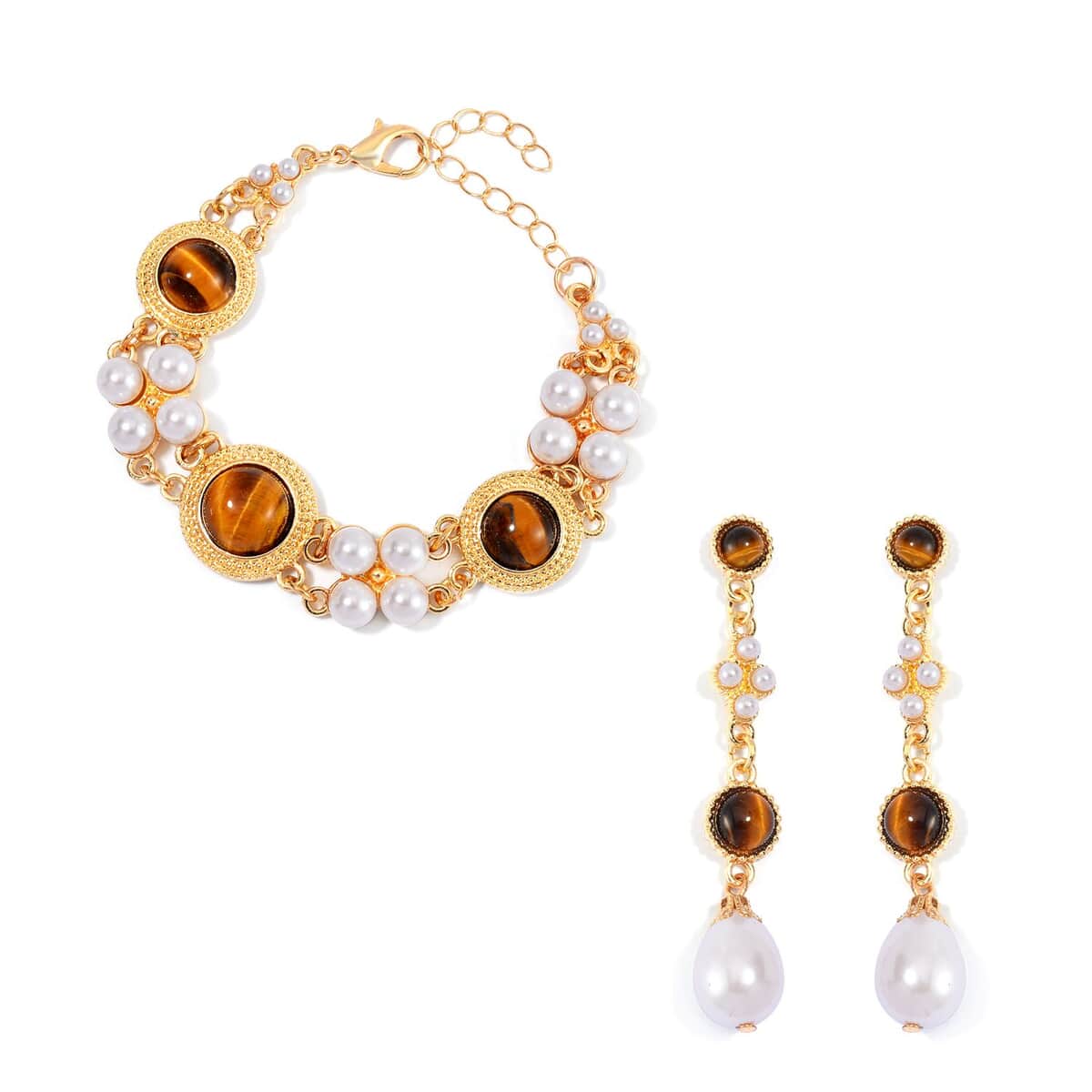 Yellow Tigers Eye and White Shell Pearl Bracelet (6.50-8.50In) and Earrings in Goldtone 39.00 ctw image number 0