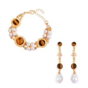 Yellow Tigers Eye and White Shell Pearl Bracelet (6.50-8.50In) and Earrings in Goldtone 39.00 ctw