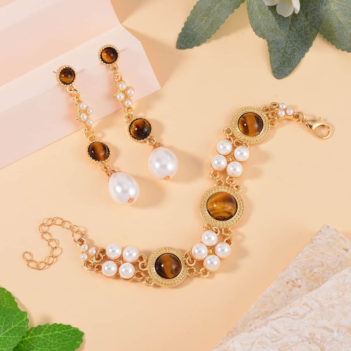 Yellow Tigers Eye and White Shell Pearl Bracelet (6.50-8.50In) and Earrings in Goldtone 39.00 ctw image number 1