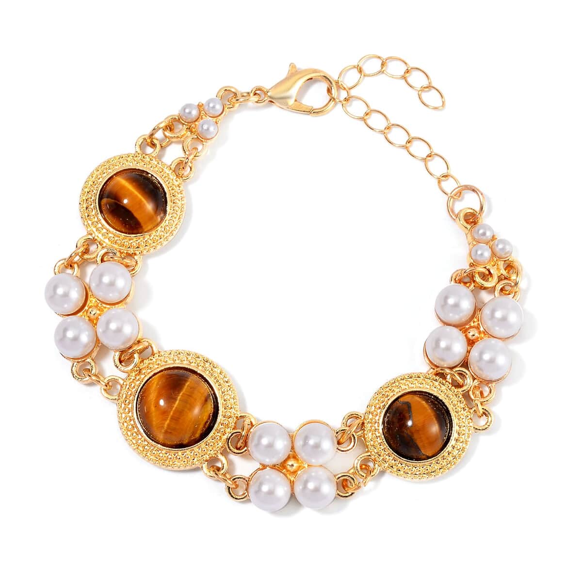 Yellow Tigers Eye and White Shell Pearl Bracelet (6.50-8.50In) and Earrings in Goldtone 39.00 ctw image number 2