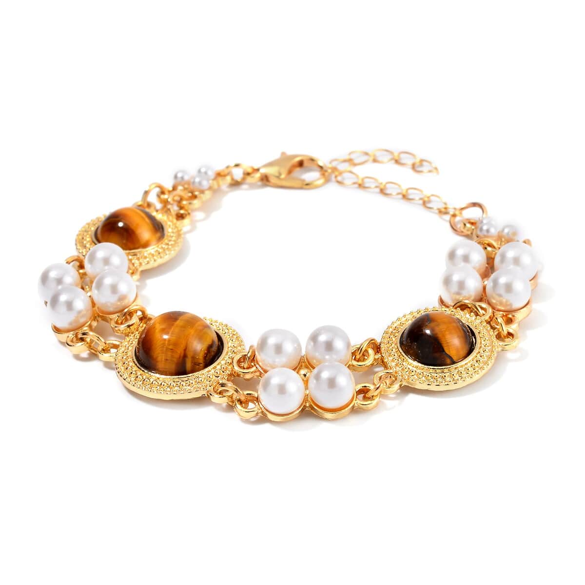 Yellow Tigers Eye and White Shell Pearl Bracelet (6.50-8.50In) and Earrings in Goldtone 39.00 ctw image number 3