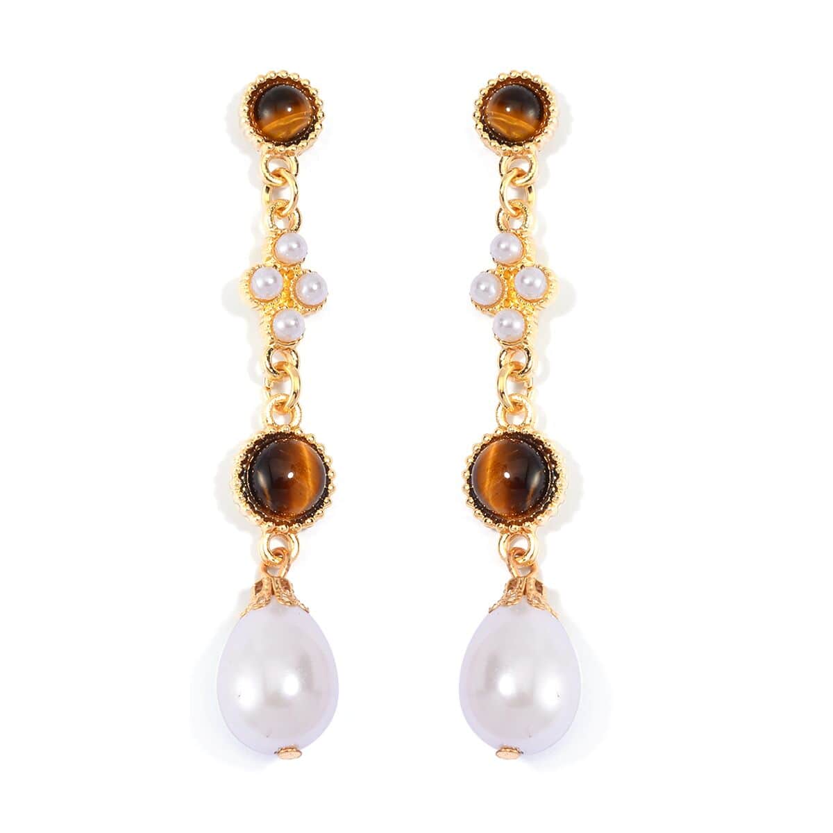 Yellow Tigers Eye and White Shell Pearl Bracelet (6.50-8.50In) and Earrings in Goldtone 39.00 ctw image number 5