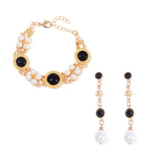 Black Obsidian and White Shell Pearl Bracelet (6.50-8.50In) and Earrings in Goldtone 24.50 ctw