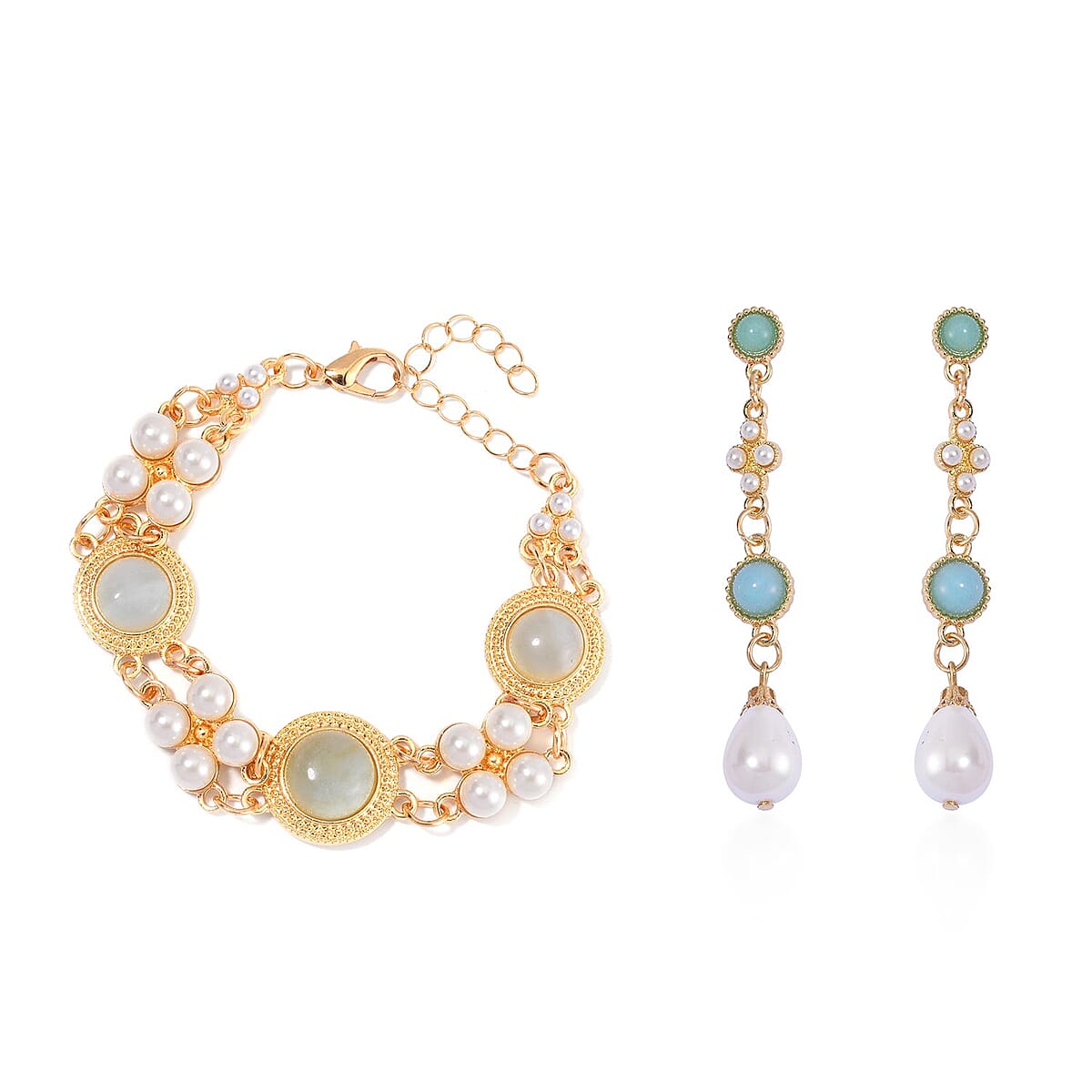 Multi Color Amazonite and White Shell Pearl Bracelet (6.50-8.50In) and Earrings in Goldtone 24.50 ctw image number 0
