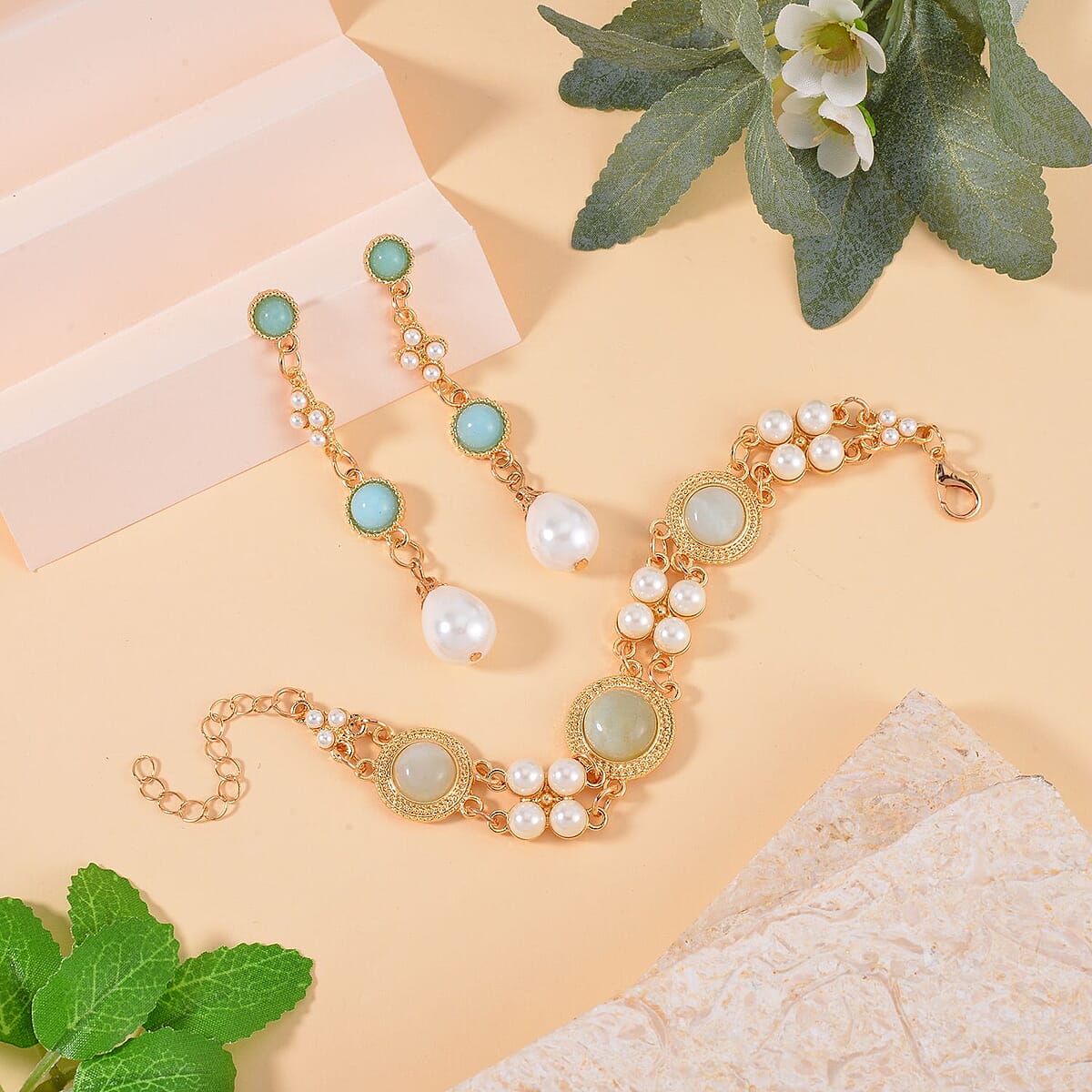 Multi Color Amazonite and White Shell Pearl Bracelet (6.50-8.50In) and Earrings in Goldtone 24.50 ctw image number 1