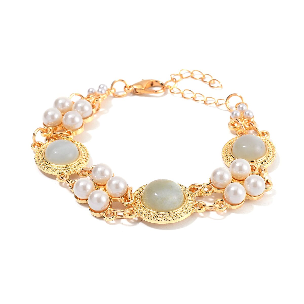 Multi Color Amazonite and White Shell Pearl Bracelet (6.50-8.50In) and Earrings in Goldtone 24.50 ctw image number 3