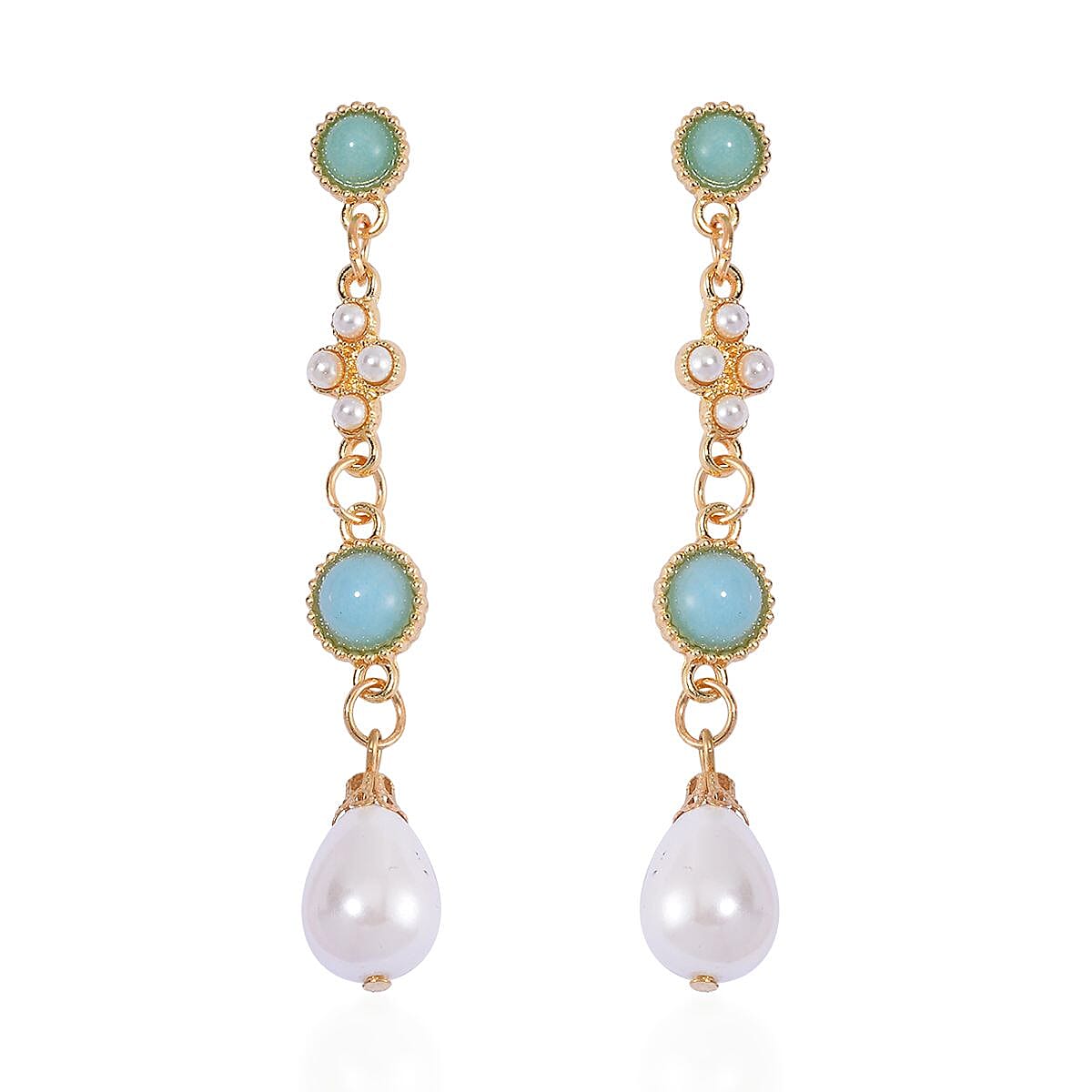 Multi Color Amazonite and White Shell Pearl Bracelet (6.50-8.50In) and Earrings in Goldtone 24.50 ctw image number 6