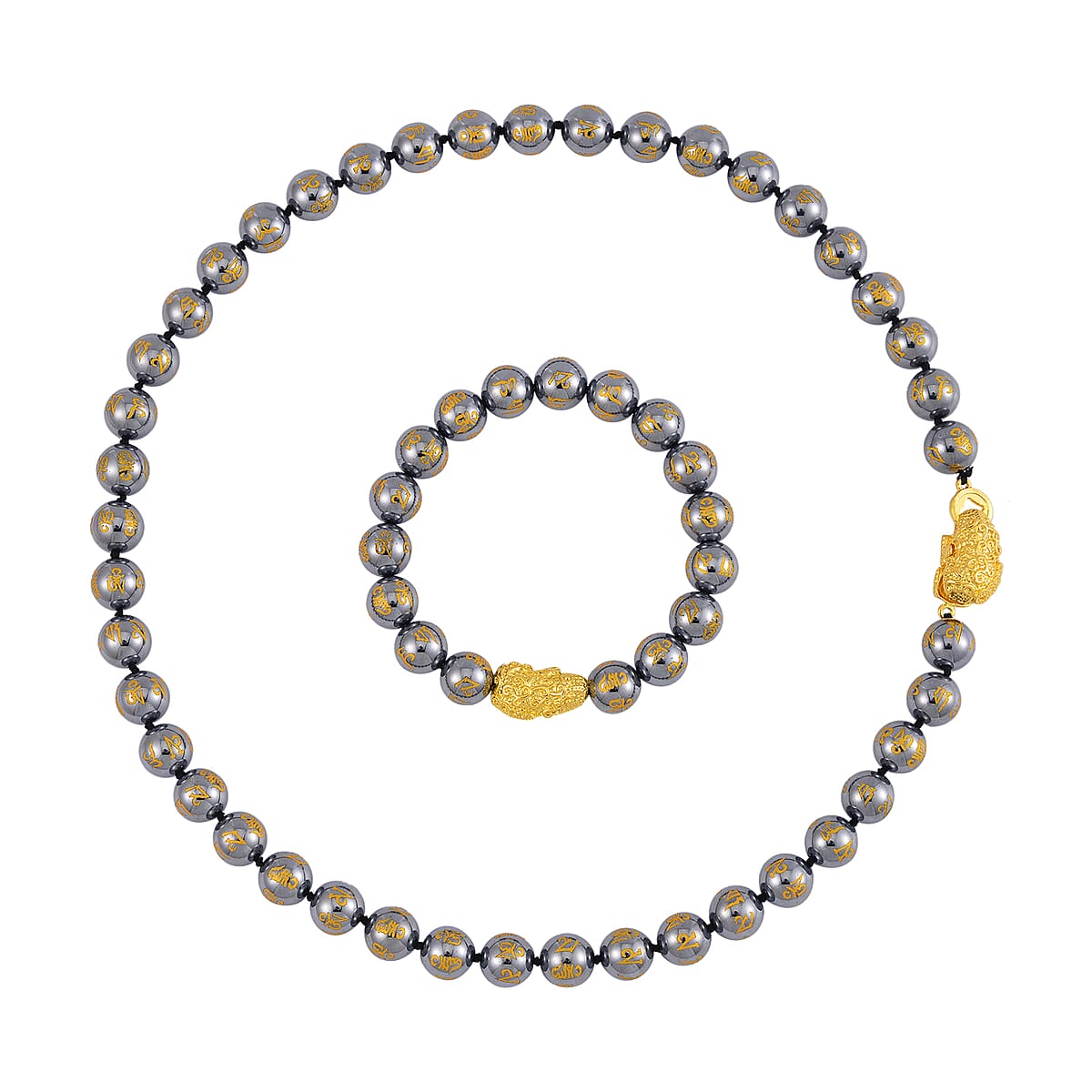 Terahertz Feng Shui Beaded Necklace 20 Inches and Stretch Bracelet with Charm in Goldtone 406.00 ctw image number 0